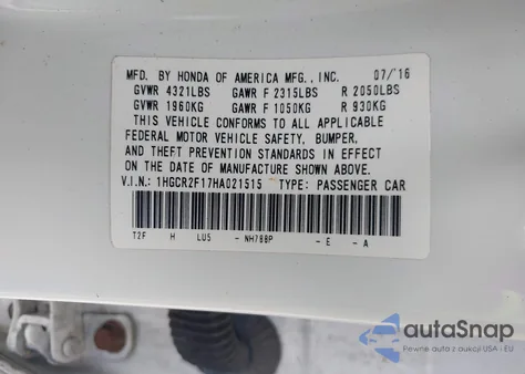 2017 Honda Accord Sport Se from USA, damaged, VIN 1HGCR2F17HA021515